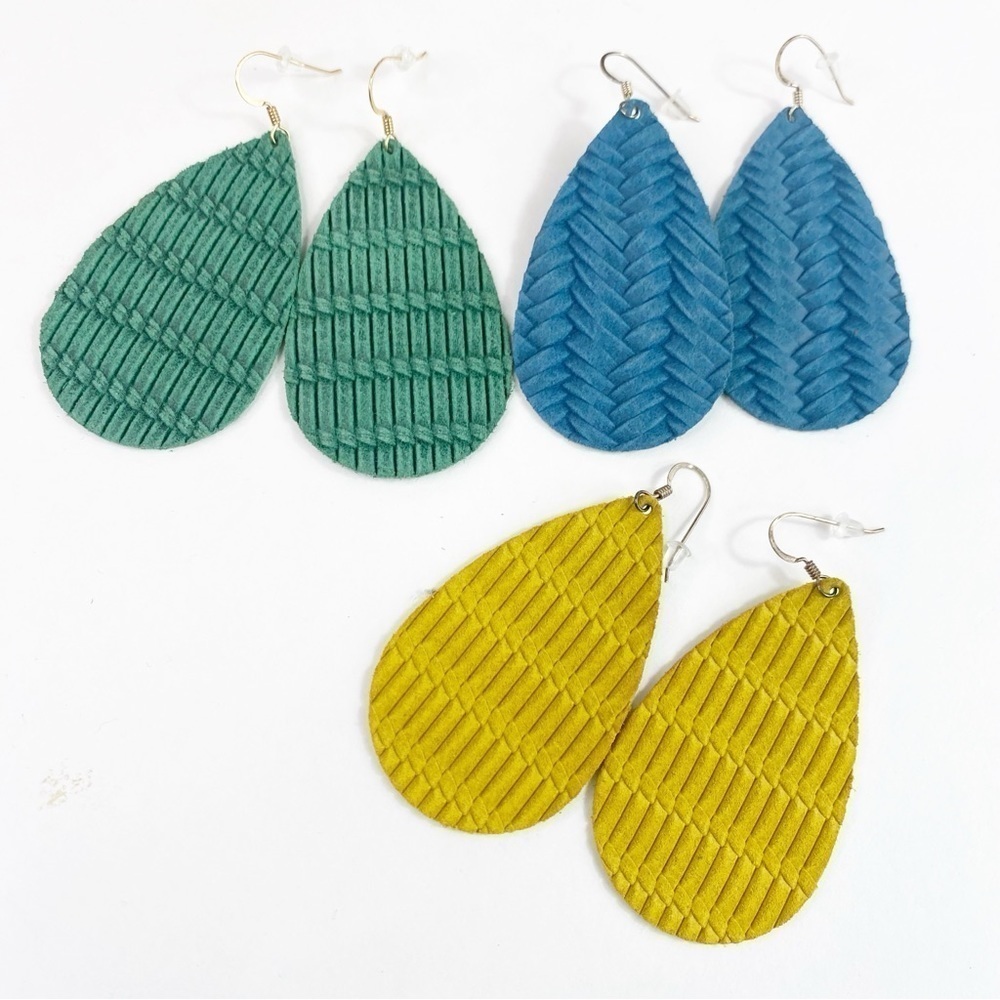 Nickel & Suede Leather Teardrop Dangle Earrings Lot Of Three Blue Green Yellow